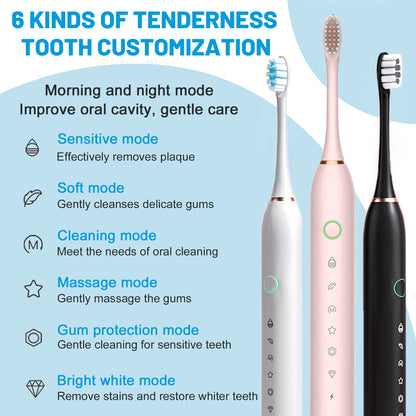 Electric Ultrasonic Toothbrush Six Speed Mode Home Soft Hair USB Charging Waterproof Adult Tooth Cleaner Automatic Couple Set